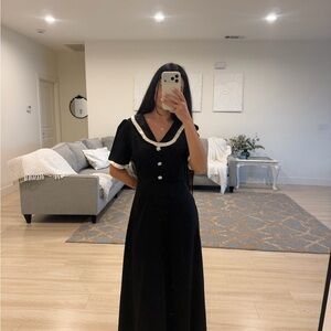 Aritzia Black Maxi Dress with Cream Trim V-Neck